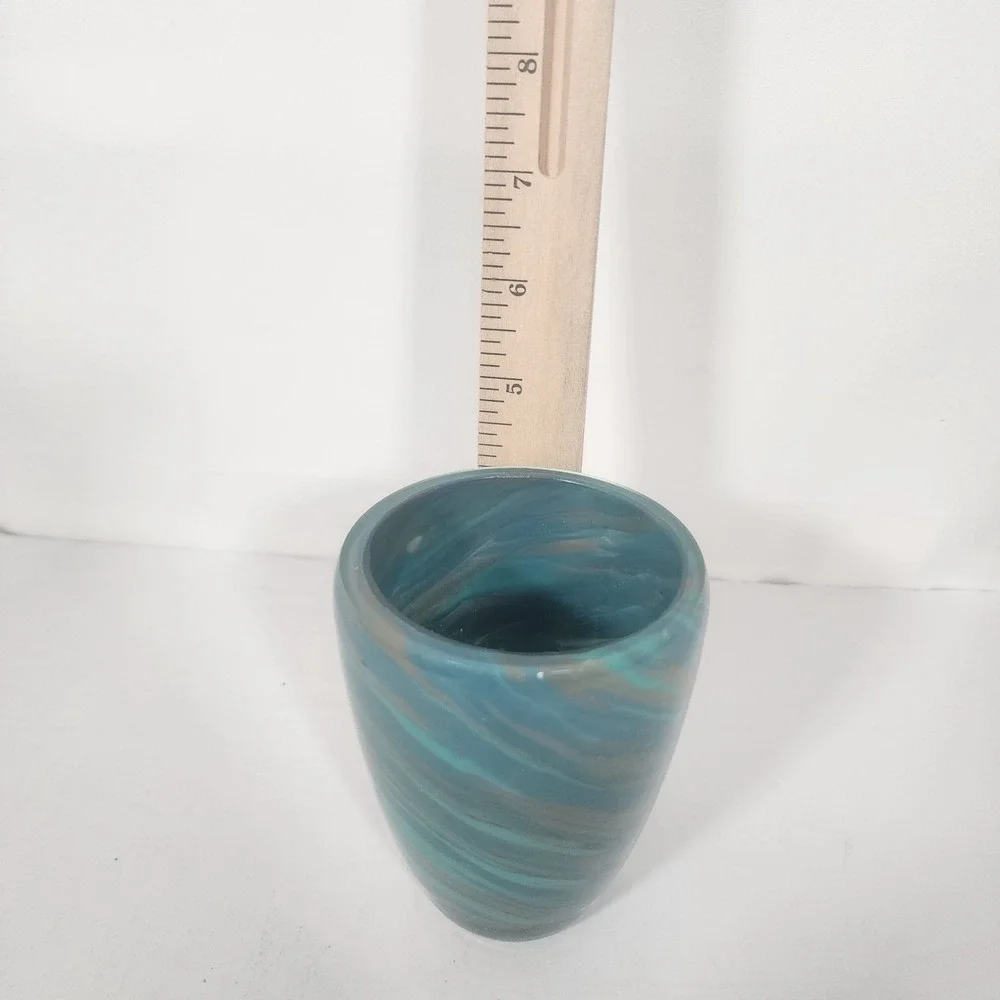 Hand Blown Art Glass Tumbler Blue Aqua Swirl Studio Glass Cup Votive Holder